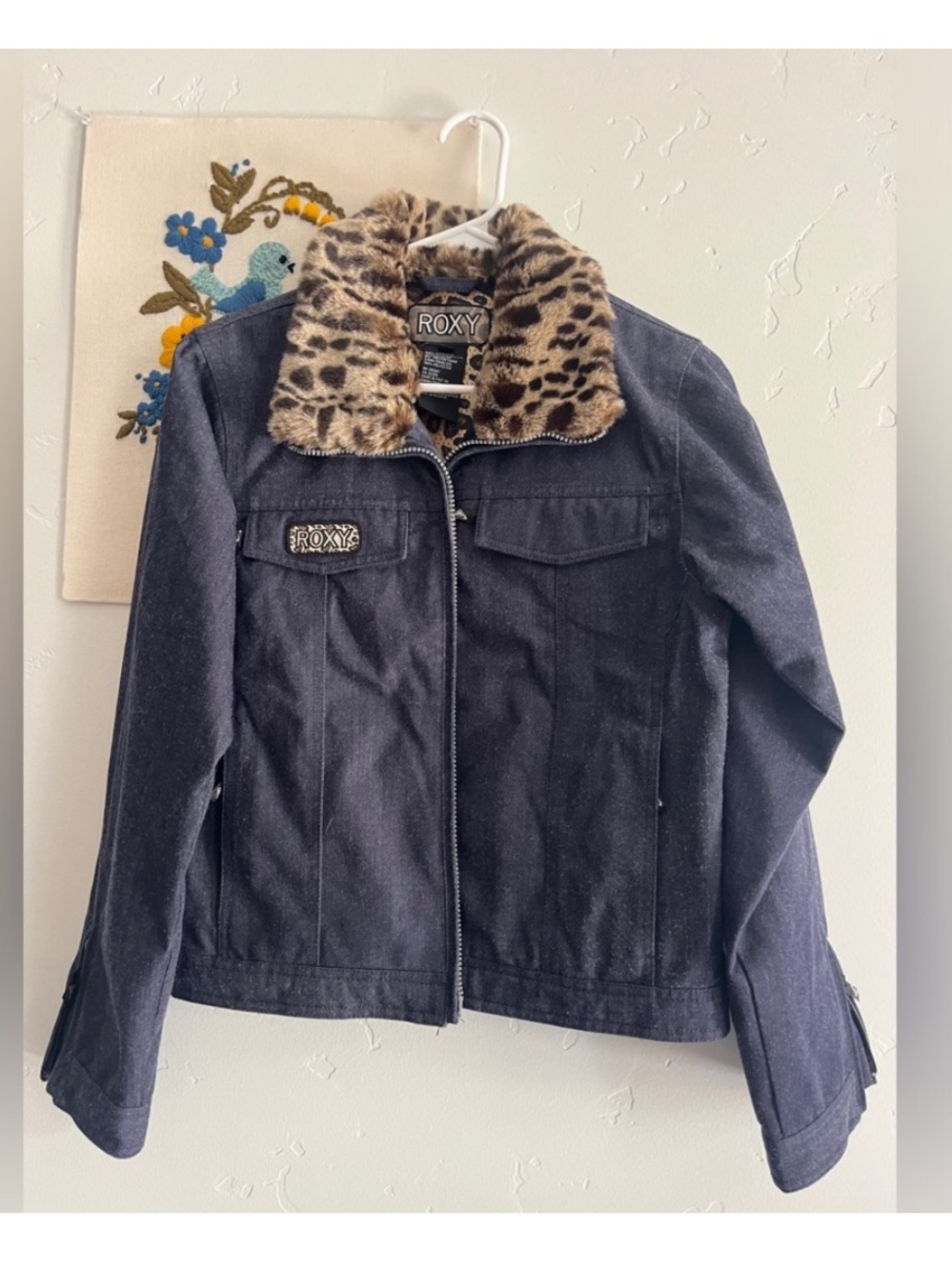 Roxy Navy Denim Jacket with Leopard Faux Fur Collar